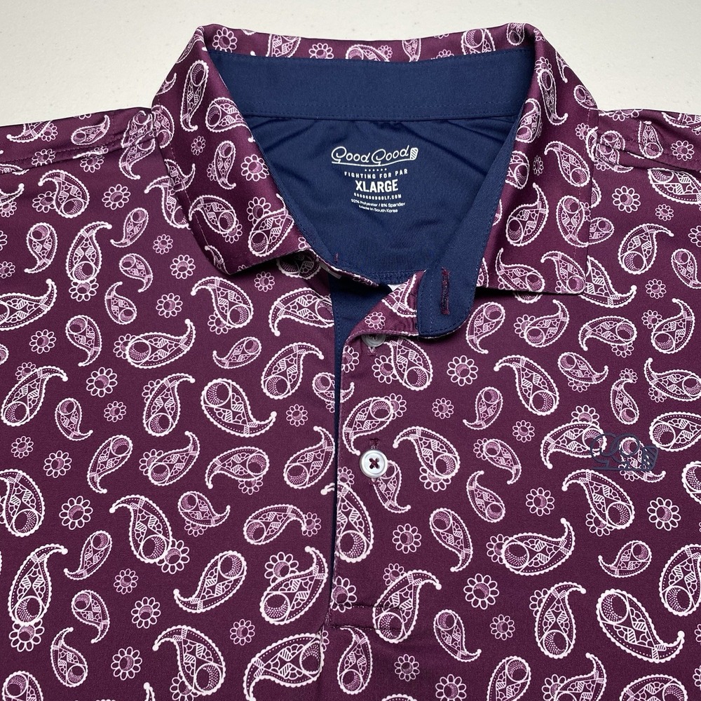 Good Good Golf Polo XL Mens S/S Paisley AOP Plum Purple Performance